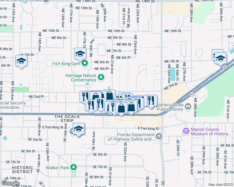 map of restaurants, bars, coffee shops, grocery stores, and more near 307 Northeast 21st Avenue in Ocala