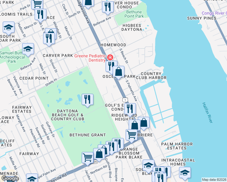 map of restaurants, bars, coffee shops, grocery stores, and more near 315 Country Club Oval in Daytona Beach