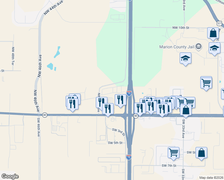 map of restaurants, bars, coffee shops, grocery stores, and more near 255 Northwest 40th Avenue in Ocala
