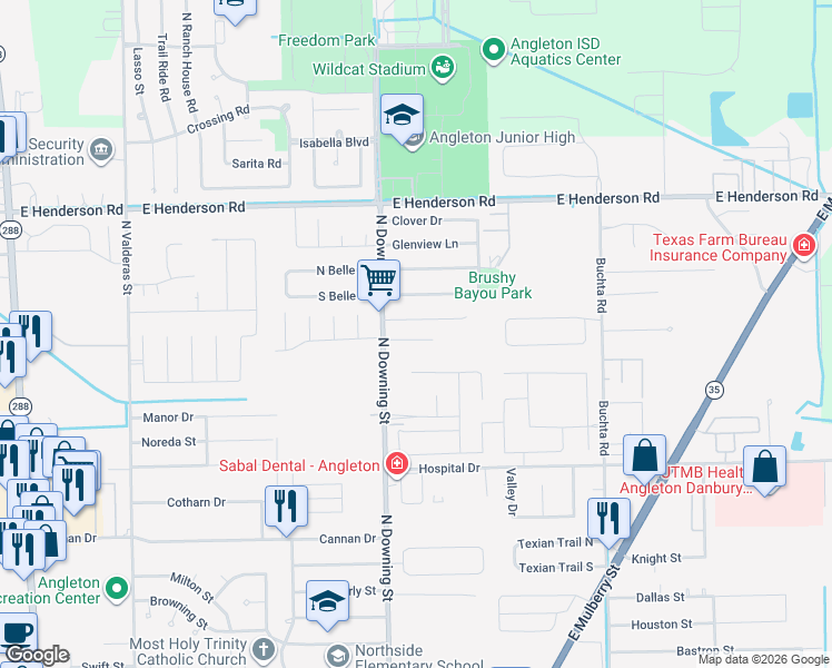 map of restaurants, bars, coffee shops, grocery stores, and more near 1223 Dennis Avenue in Angleton