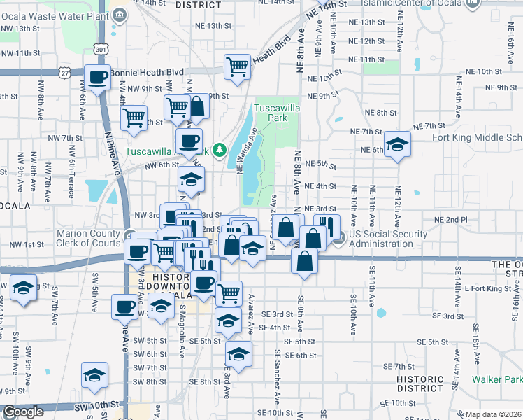 map of restaurants, bars, coffee shops, grocery stores, and more near 475 Northeast 3rd Street in Ocala