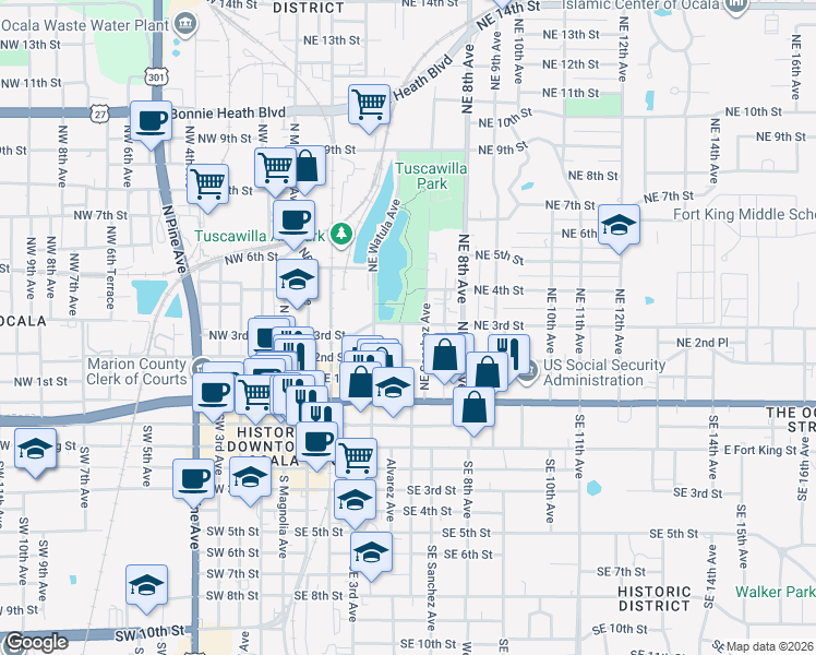 map of restaurants, bars, coffee shops, grocery stores, and more near 475 Northeast 3rd Street in Ocala