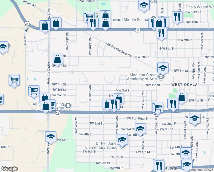 map of restaurants, bars, coffee shops, grocery stores, and more near 2052 Northwest 4th Street in Ocala