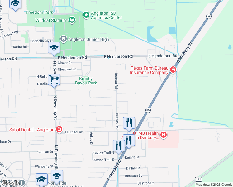 map of restaurants, bars, coffee shops, grocery stores, and more near 1 Colony Drive in Angleton