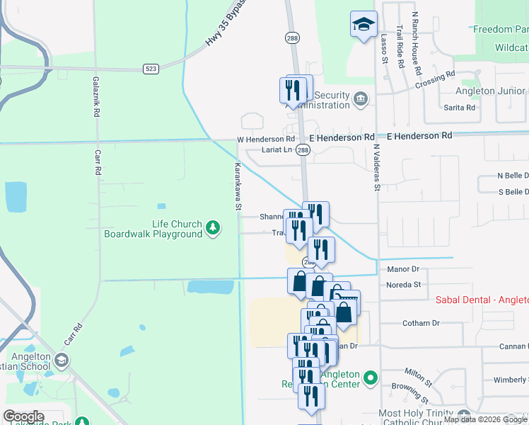 map of restaurants, bars, coffee shops, grocery stores, and more near 208 Shannon Street in Angleton