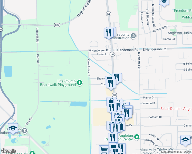 map of restaurants, bars, coffee shops, grocery stores, and more near 208 Shannon Street in Angleton