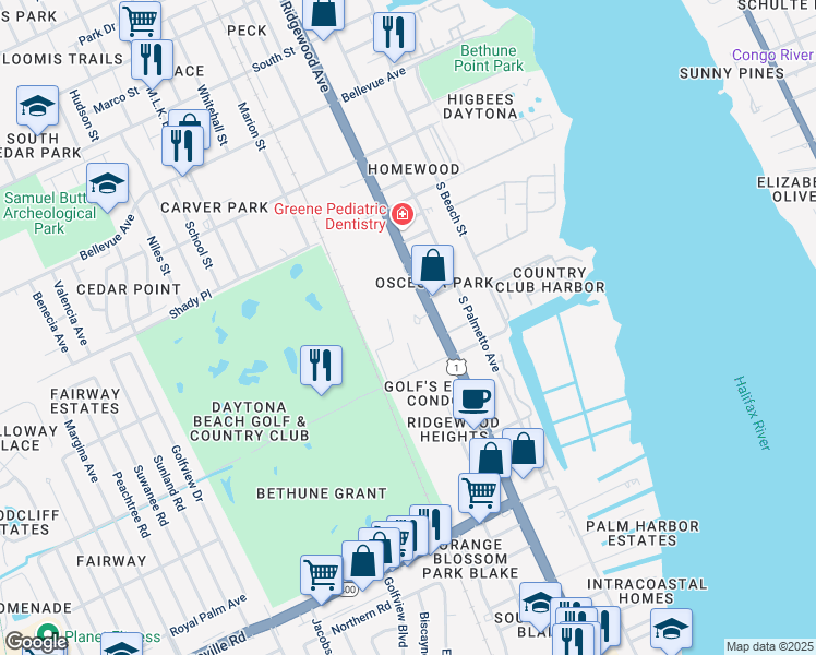 map of restaurants, bars, coffee shops, grocery stores, and more near 313 Country Club Oval in Daytona Beach