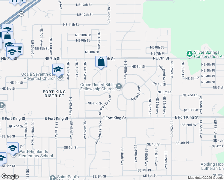 map of restaurants, bars, coffee shops, grocery stores, and more near 350 Northeast 45th Terrace in Ocala