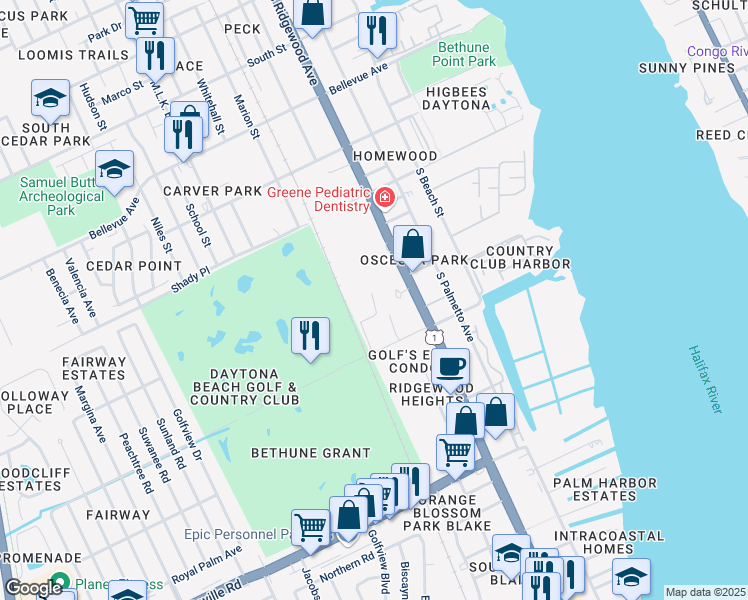 map of restaurants, bars, coffee shops, grocery stores, and more near 11 North Florida Pga Lane in Daytona Beach