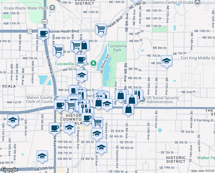 map of restaurants, bars, coffee shops, grocery stores, and more near 475 Northeast 3rd Street in Ocala