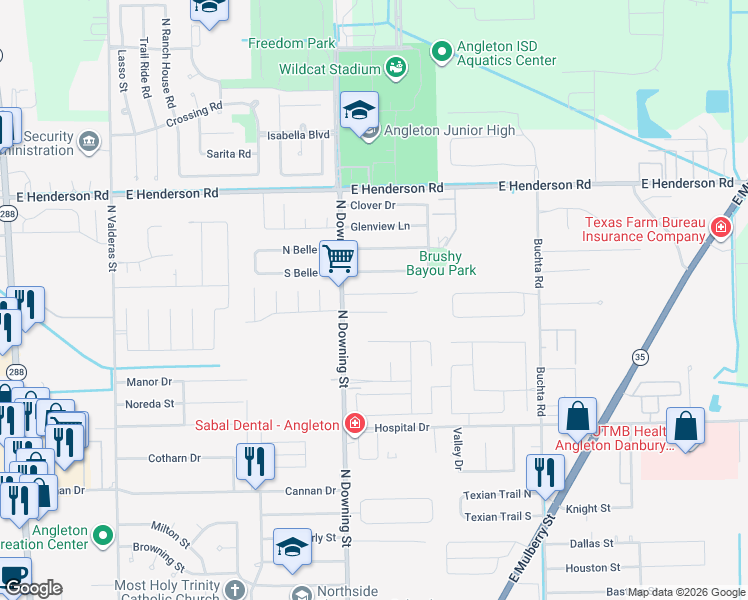 map of restaurants, bars, coffee shops, grocery stores, and more near 1224 Molina Court in Angleton