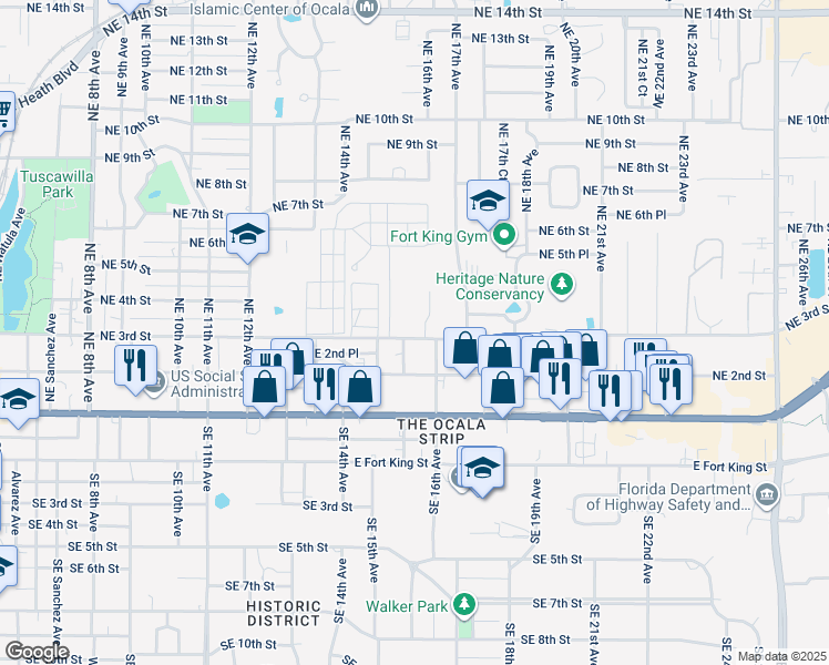 map of restaurants, bars, coffee shops, grocery stores, and more near 1537 Northeast 3rd Street in Ocala