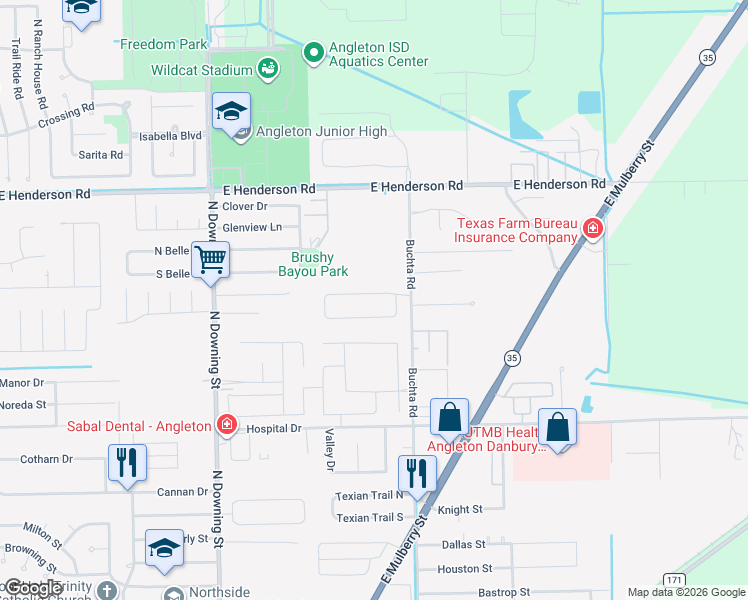 map of restaurants, bars, coffee shops, grocery stores, and more near 5 Colony Square in Angleton