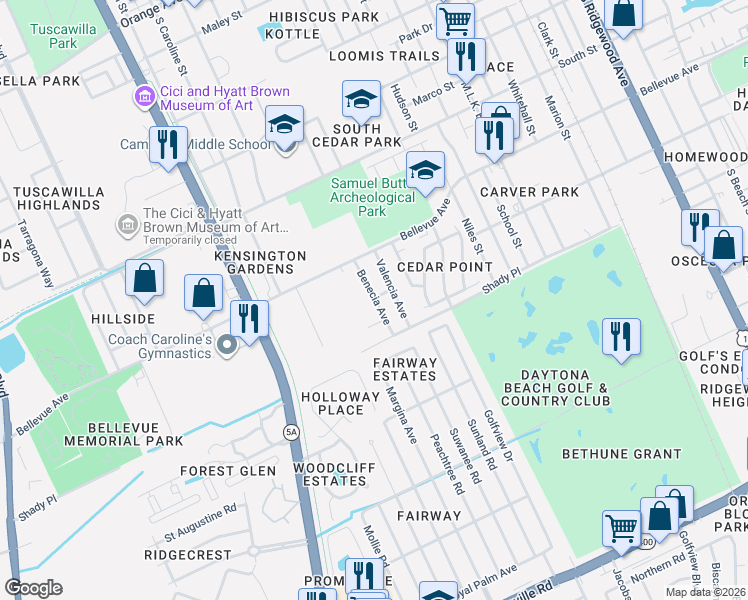 map of restaurants, bars, coffee shops, grocery stores, and more near 850 Benecia Avenue in Daytona Beach