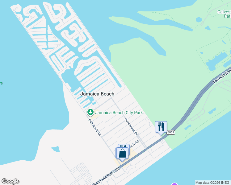 map of restaurants, bars, coffee shops, grocery stores, and more near 16530 Jolly Roger Road in Jamaica Beach