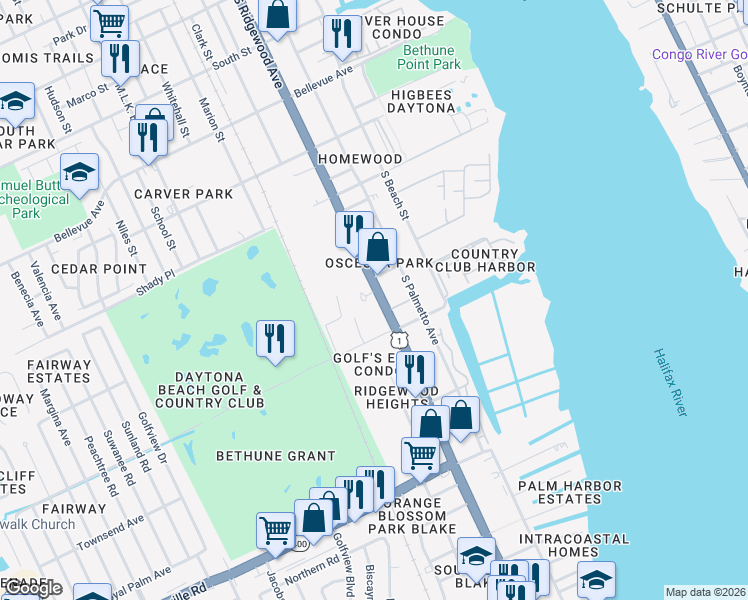 map of restaurants, bars, coffee shops, grocery stores, and more near 1212 South Ridgewood Avenue in Daytona Beach