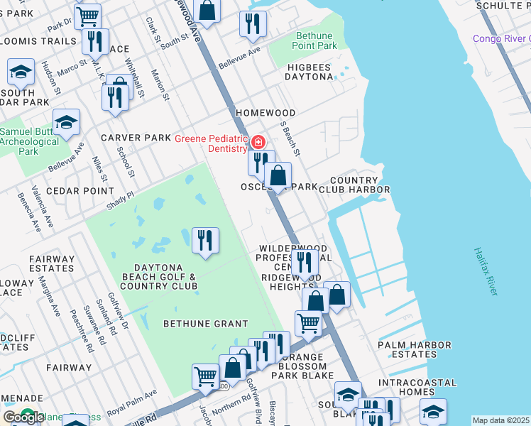 map of restaurants, bars, coffee shops, grocery stores, and more near 1212 South Ridgewood Avenue in Daytona Beach