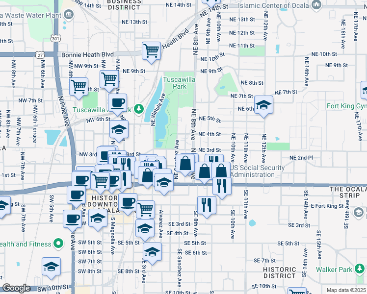 map of restaurants, bars, coffee shops, grocery stores, and more near 715 Northeast 3rd Street in Ocala