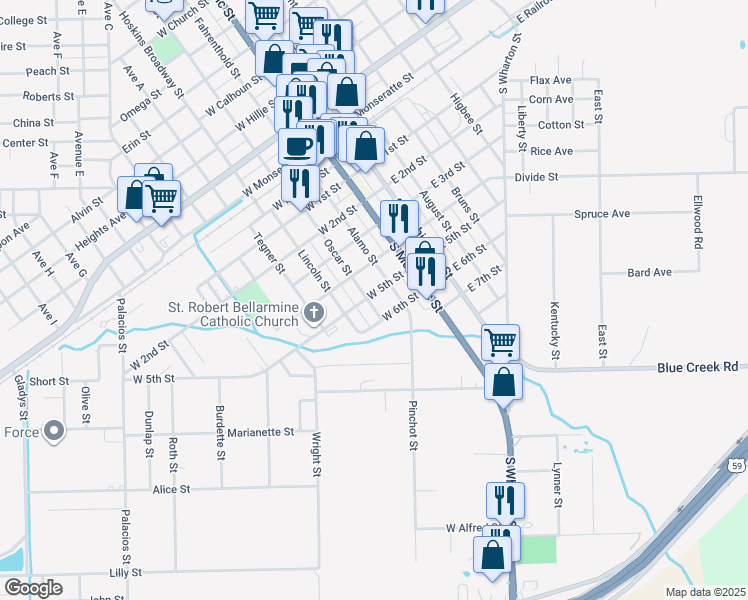 map of restaurants, bars, coffee shops, grocery stores, and more near 601 Oscar Street in El Campo