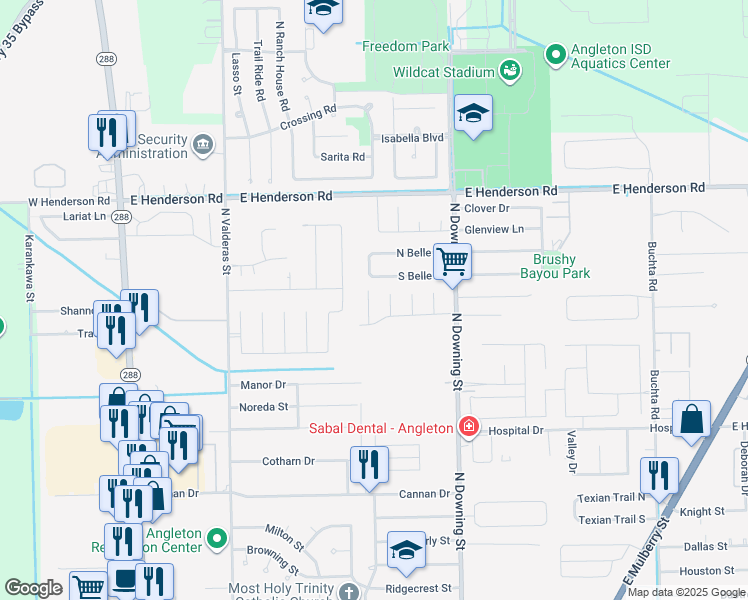 map of restaurants, bars, coffee shops, grocery stores, and more near 5 Lazybrook Street in Angleton