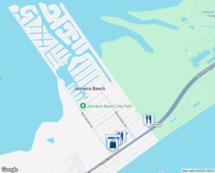 map of restaurants, bars, coffee shops, grocery stores, and more near 16530 Jolly Roger Road in Jamaica Beach
