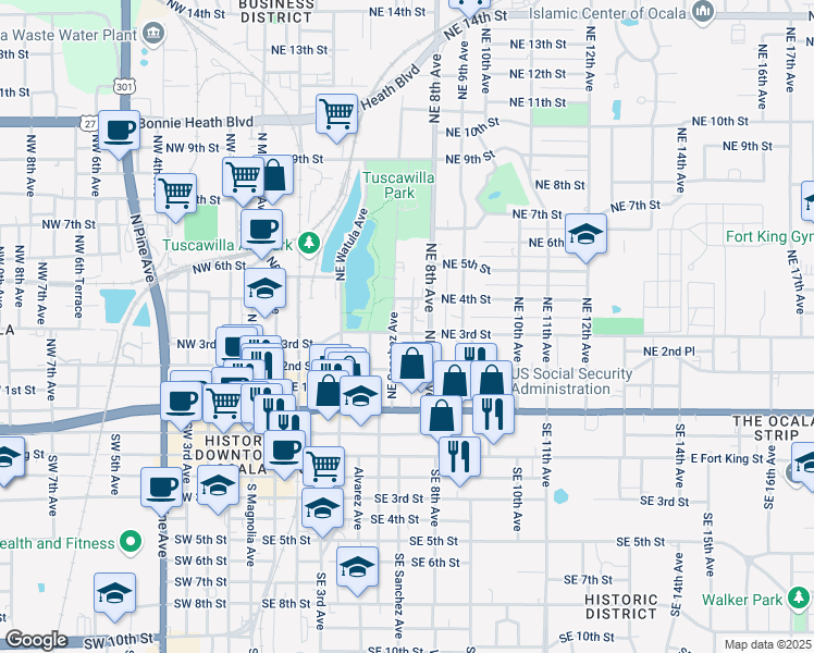 map of restaurants, bars, coffee shops, grocery stores, and more near 715 Northeast 3rd Street in Ocala