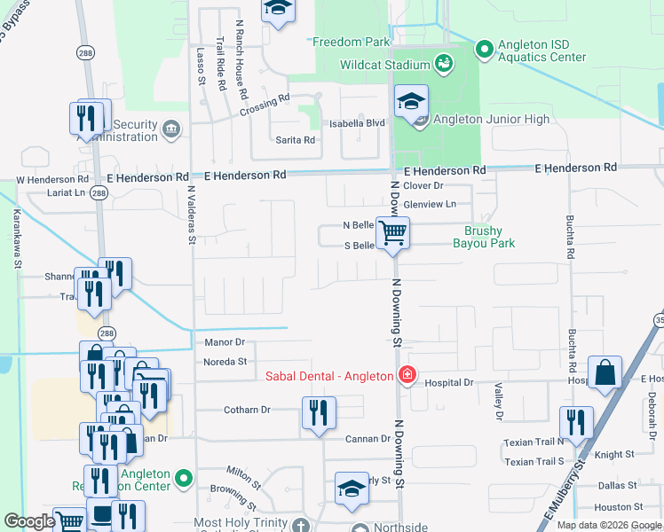 map of restaurants, bars, coffee shops, grocery stores, and more near 7 Stoneybrook Street in Angleton