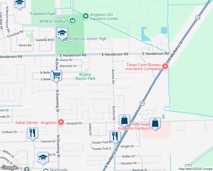map of restaurants, bars, coffee shops, grocery stores, and more near 5 Colony Square in Angleton
