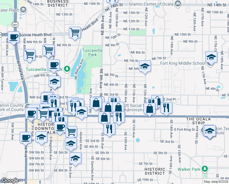 map of restaurants, bars, coffee shops, grocery stores, and more near 921 Northeast 3rd Street in Ocala
