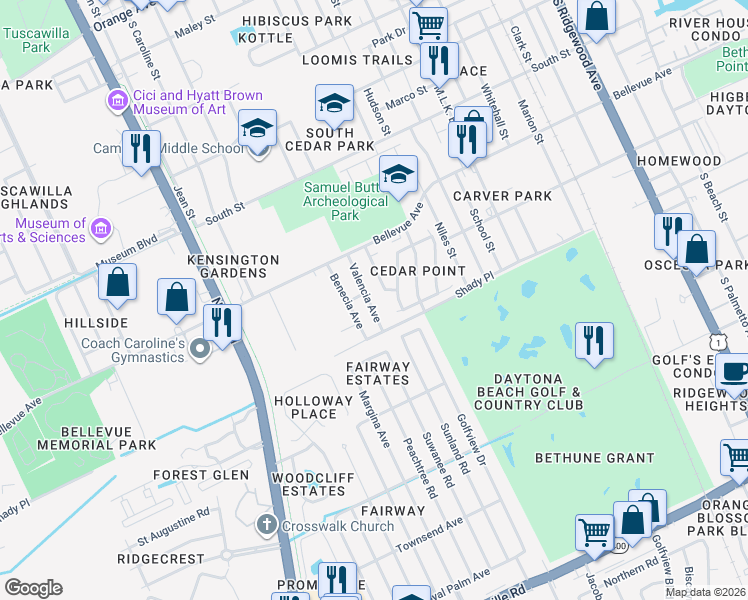 map of restaurants, bars, coffee shops, grocery stores, and more near 839 Valencia Avenue in Daytona Beach