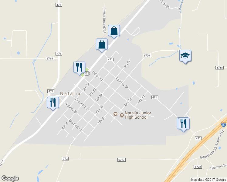 map of restaurants, bars, coffee shops, grocery stores, and more near 128 6th Street in Natalia
