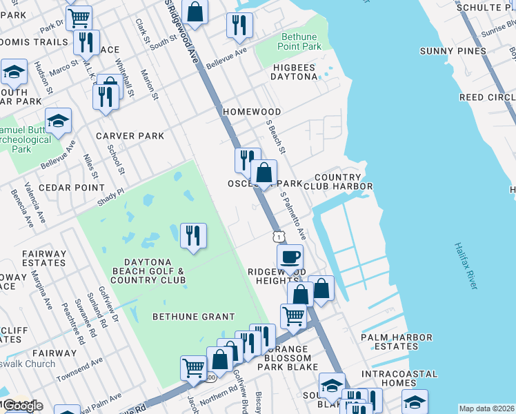map of restaurants, bars, coffee shops, grocery stores, and more near 1212 South Ridgewood Avenue in Daytona Beach