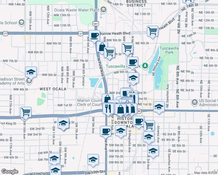 map of restaurants, bars, coffee shops, grocery stores, and more near in Ocala