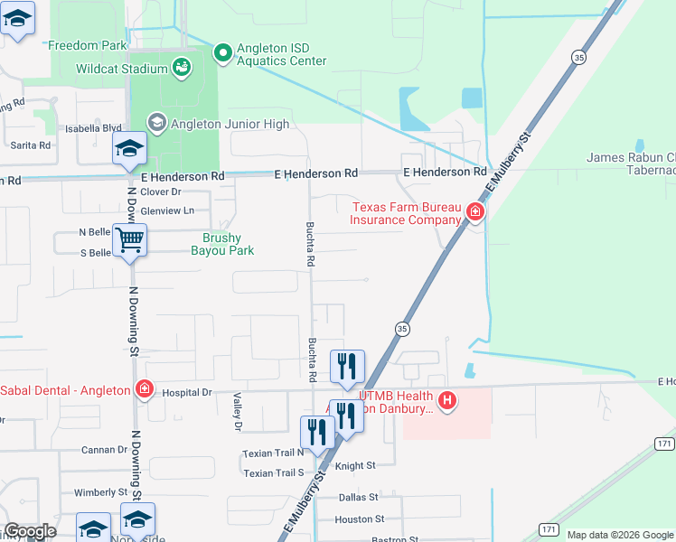 map of restaurants, bars, coffee shops, grocery stores, and more near 7 Colony Drive in Angleton