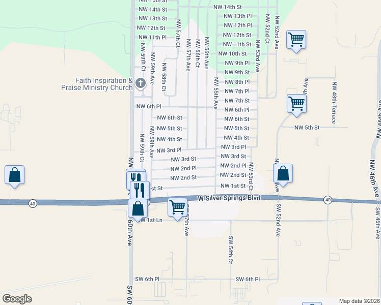 map of restaurants, bars, coffee shops, grocery stores, and more near 5680 Northwest 3rd Place in Ocala