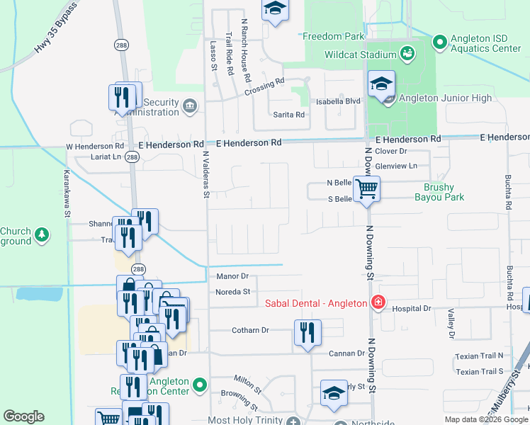 map of restaurants, bars, coffee shops, grocery stores, and more near 716 South Remington Drive in Angleton