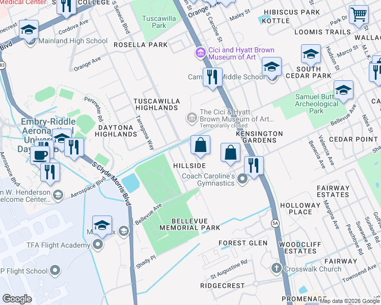 map of restaurants, bars, coffee shops, grocery stores, and more near 732 Greenway Place in Daytona Beach