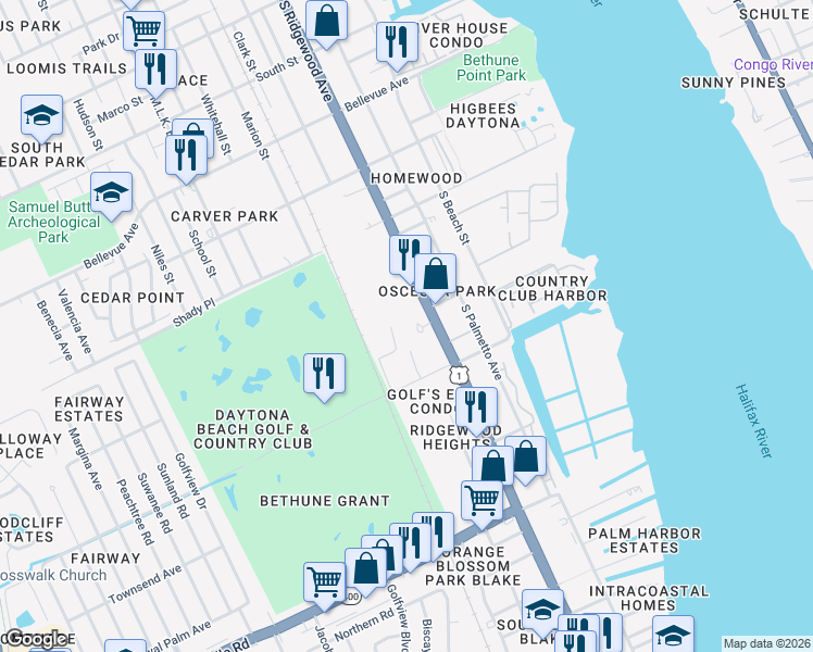 map of restaurants, bars, coffee shops, grocery stores, and more near 11 North Florida Pga Lane in Daytona Beach