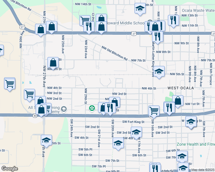 map of restaurants, bars, coffee shops, grocery stores, and more near 2031 Northwest 4th Street in Ocala