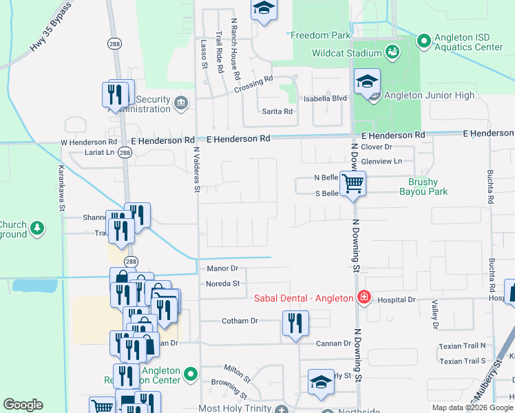 map of restaurants, bars, coffee shops, grocery stores, and more near 716 South Remington Drive in Angleton