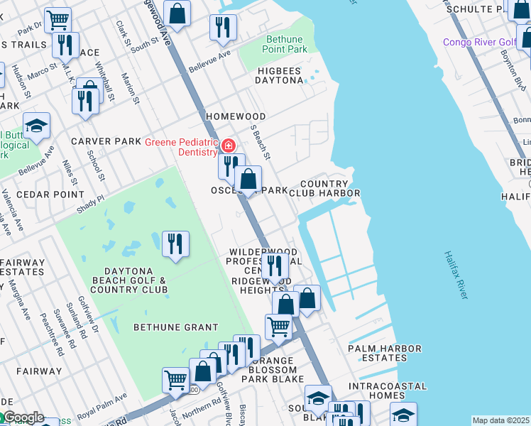 map of restaurants, bars, coffee shops, grocery stores, and more near 1230 South Palmetto Avenue in Daytona Beach