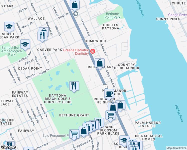 map of restaurants, bars, coffee shops, grocery stores, and more near 11 North Florida Pga Lane in Daytona Beach