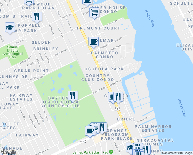 map of restaurants, bars, coffee shops, grocery stores, and more near 11 North Florida Pga Lane in Daytona Beach
