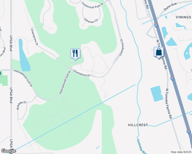 map of restaurants, bars, coffee shops, grocery stores, and more near 870 Champions Drive in Daytona Beach