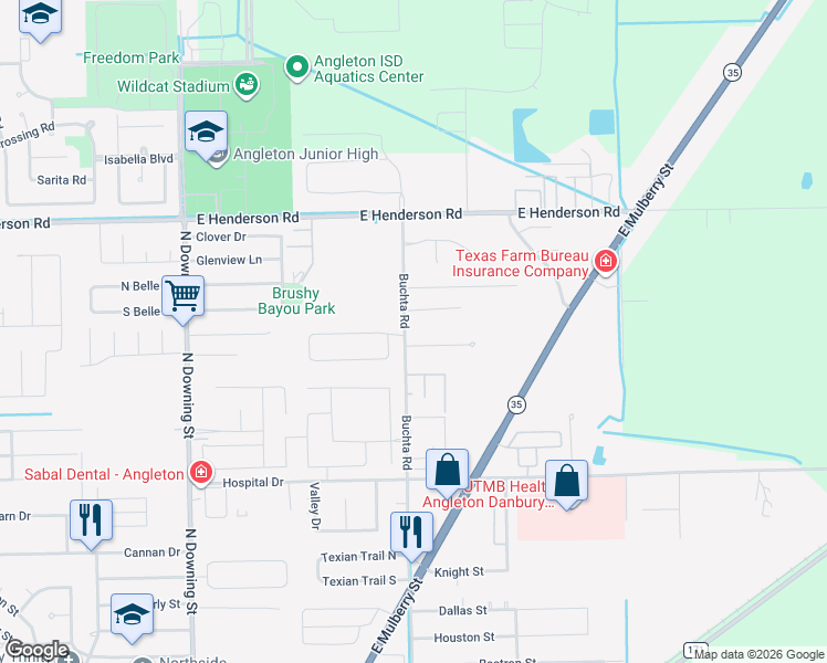 map of restaurants, bars, coffee shops, grocery stores, and more near 1 Colony Drive in Angleton
