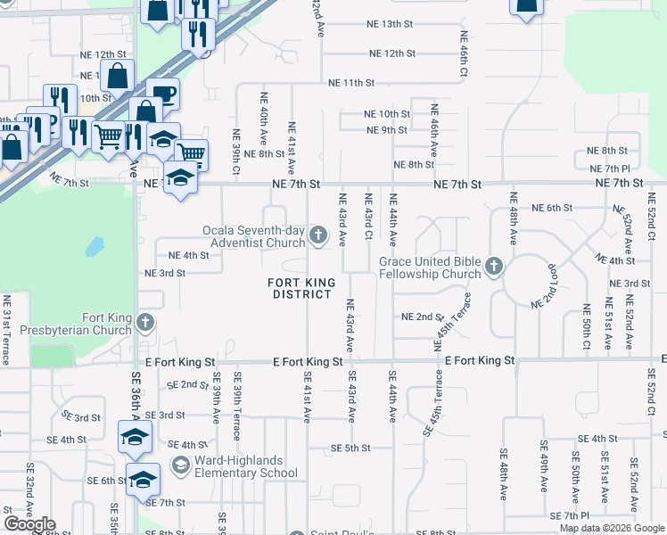 map of restaurants, bars, coffee shops, grocery stores, and more near 304 Northeast 43rd Avenue in Ocala
