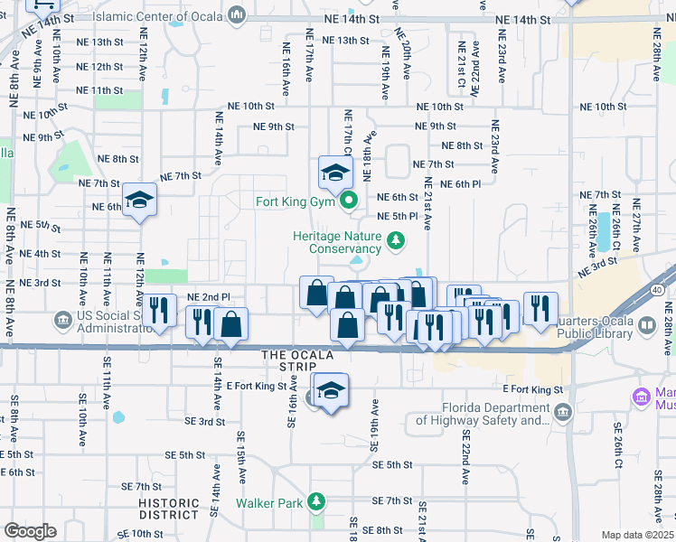 map of restaurants, bars, coffee shops, grocery stores, and more near 1726 Northeast 4th Street in Ocala