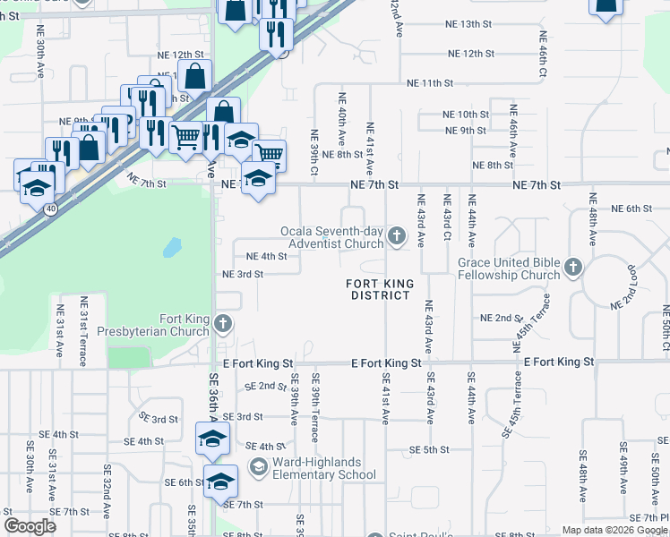map of restaurants, bars, coffee shops, grocery stores, and more near 310 Northeast 40th Avenue in Ocala