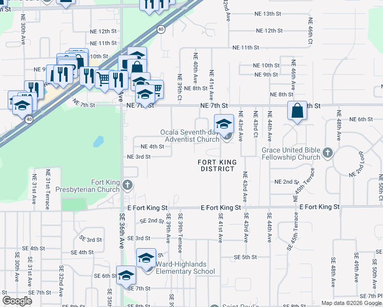 map of restaurants, bars, coffee shops, grocery stores, and more near 310 Northeast 40th Avenue in Ocala