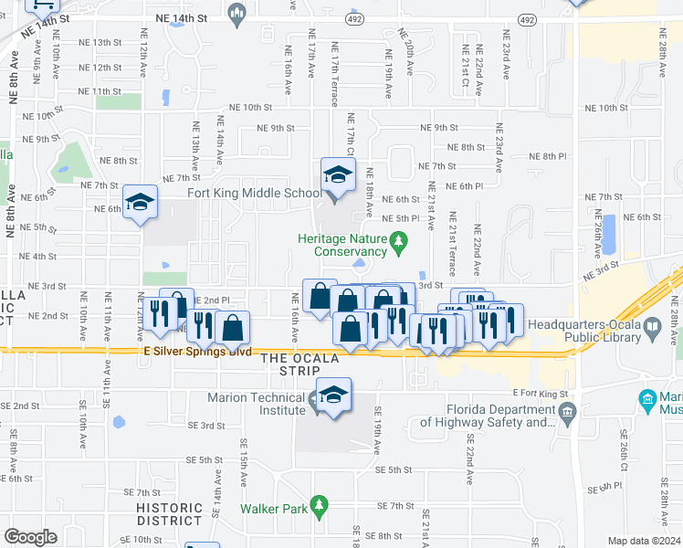map of restaurants, bars, coffee shops, grocery stores, and more near 1726 Northeast 4th Street in Ocala